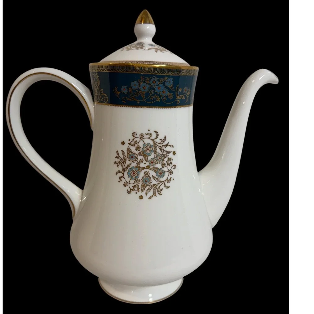 Wedgwood Agincourt R4513 Coffee Pot Bone China Teal Blue Gold Floral England